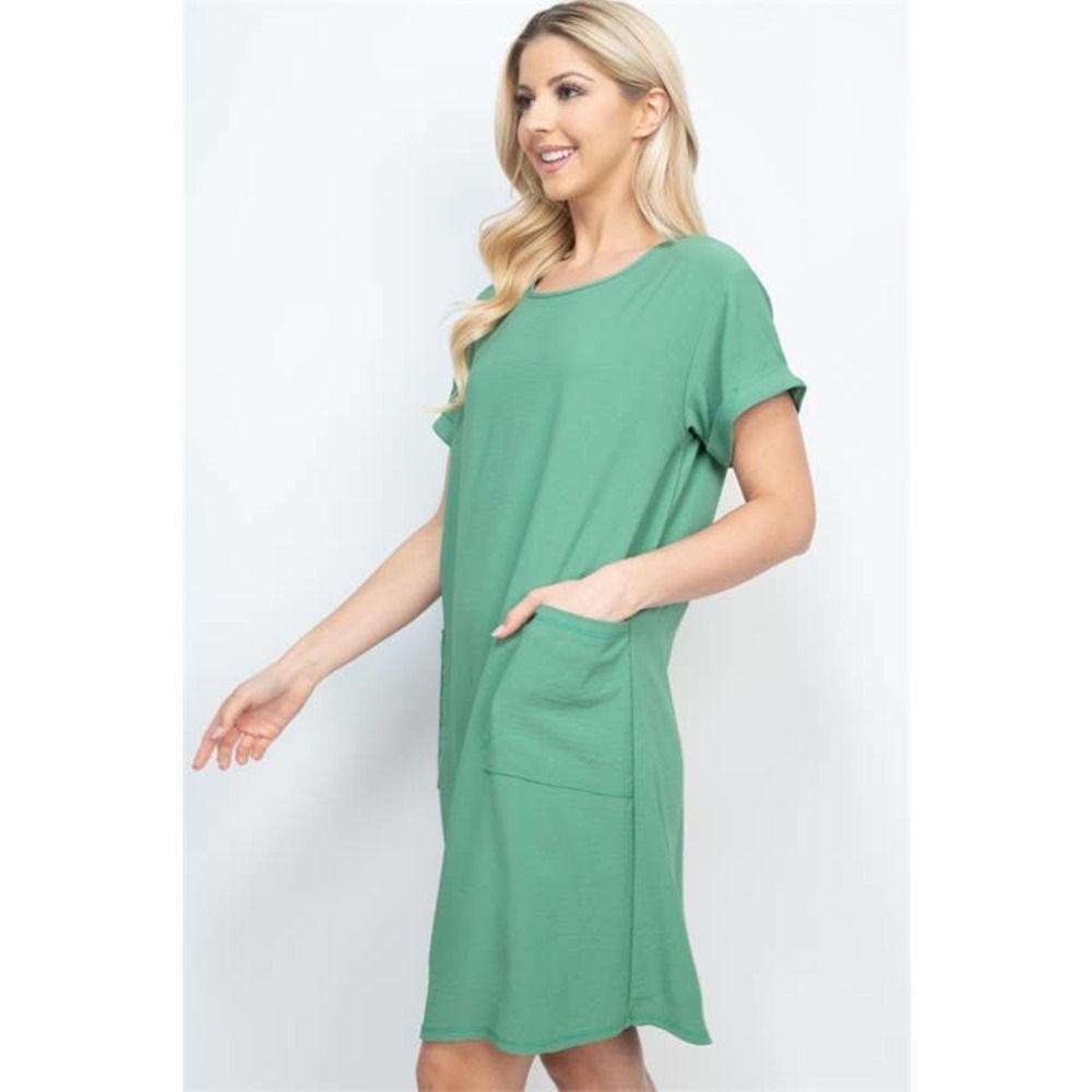 Green Rolled Sleeve Shift Dress with Pockets - Picture 5 of 8